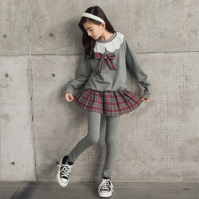 Girls' sweater suit 2022 autumn and winter new college style plus velvet foreign style skirt two-piece girl jk skirt