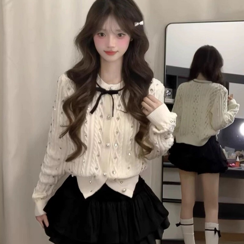 Chanel-Style Bowknot Braided Knit Cardigan for Women, White Sweet and Elegant Sweater Coat for Autumn