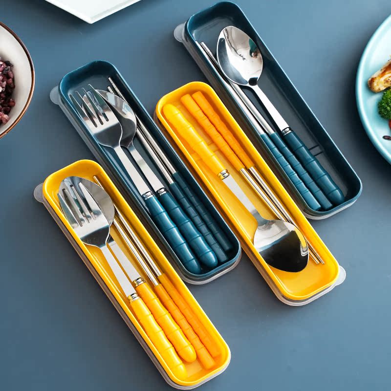 Tableware Chopsticks Spoon Set Student Portable Office Worker Chopstick Case Cute Stainless Steel Fork Three-Piece Set for One Person