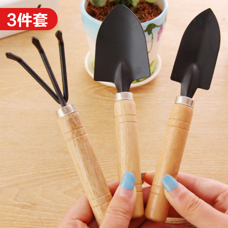Home gardening tools mini wooden handle small iron shovel rake three-piece set planting potted tools small shovel flower shovel