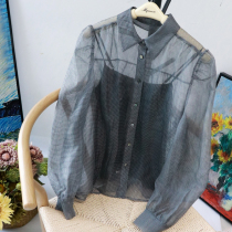 Ku Yin Linfeng 10 Mu Gena Air Plaid Perspective Lantern Sleeve Silk Shirt Sunscreen