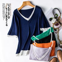 Kuyin fingertips of light lazy good temperament antibacterial V collar fake two pieces of mulberry silk knitted short sleeve casual T-shirt