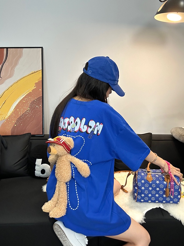 Summer Heavyweight 280g 3D Teddy Bear Loose Short-Sleeve T-Shirt for Men and Women, Casual Couple Design, Blue Half-Sleeve