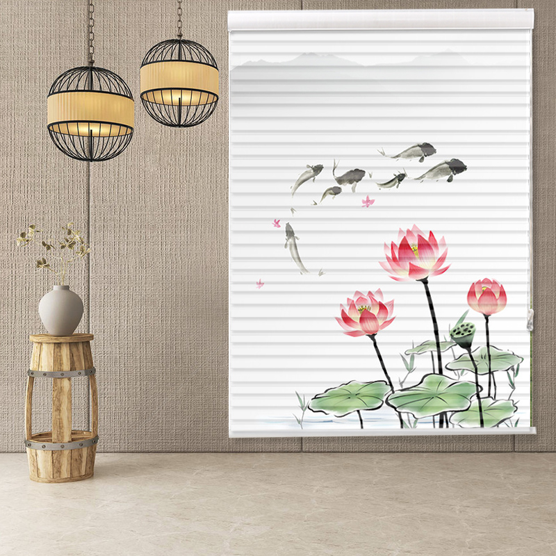 Printed Shangri-La Curtain Free Punch Shading Toilet Bathroom Waterproof Home Living Room Electric Lifting Roller Blind