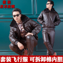  Leather clothing leather pants suit mens thickened riding clothes Mens motorcycle pilot leather jacket mens cotton leather air force winter