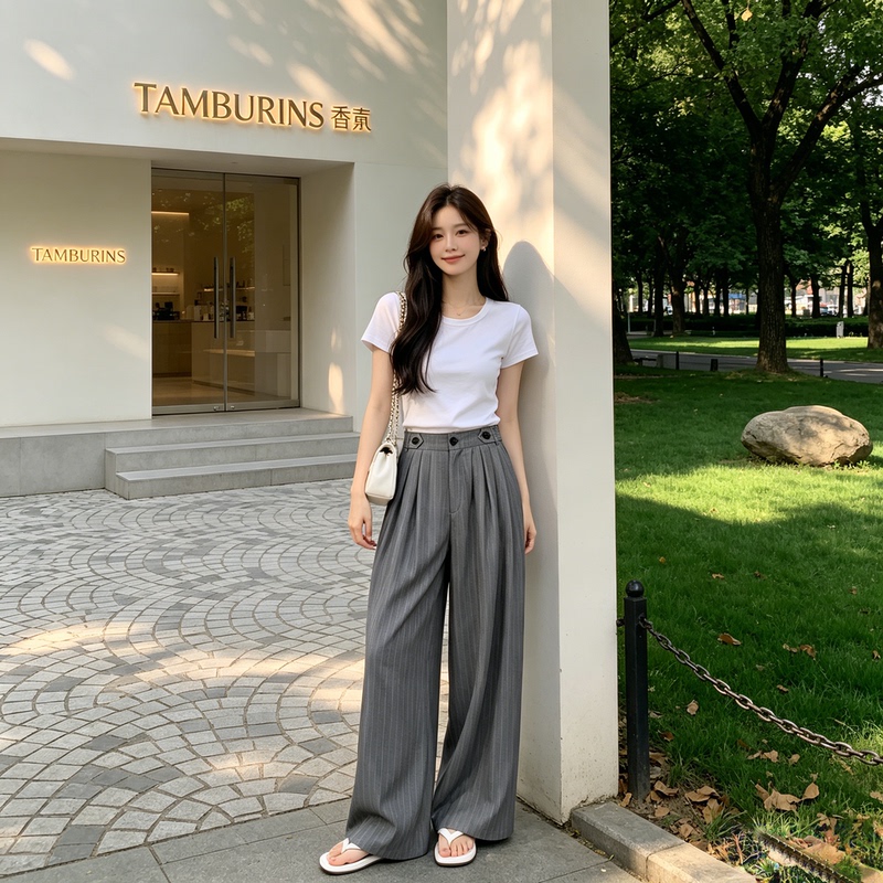 High-Waisted Wide-Leg Pants, Gray Striped, Simple Casual Pants for Women, New Summer Style, Slimming, Versatile, Suit Pants with Drape Effect High-Waisted Wide-Leg Pants, Gray Striped, Simple Casual Pants for Women, New Summer Style, Slimming, Versatile, Suit Pants with Drape Effect