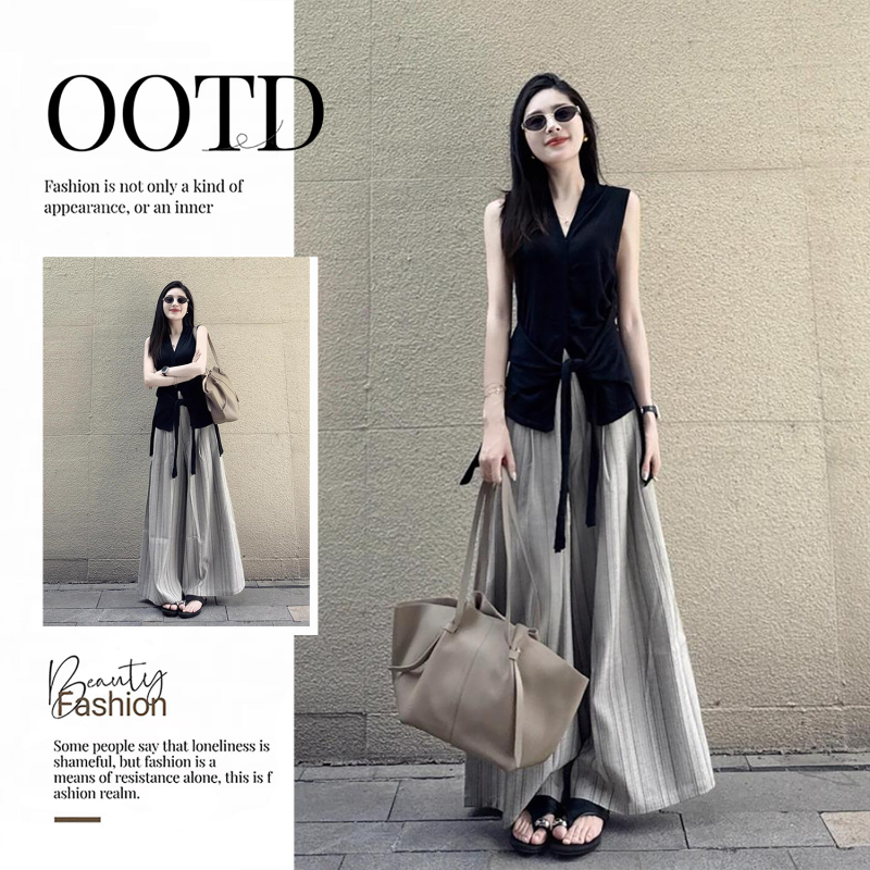 Elegant and Sophisticated Outfit: a Relaxed, Old-Money Style Waist-Cinching Tank Top with Drapey Striped Casual Pants Set for Women Elegant and Sophisticated Outfit: a Relaxed, Old-Money Style Waist-Cinching Tank Top with Drapey Striped Casual Pants Set for Women