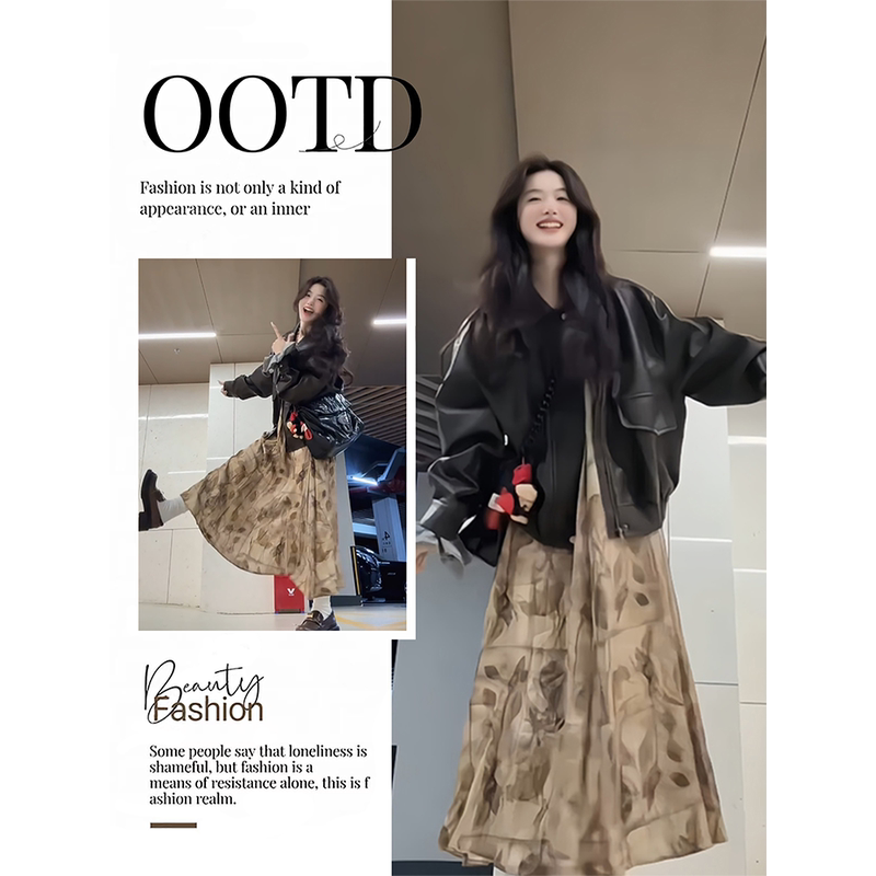 Early Autumn Korean Style Outfit Set, Retro Black Pu Leather Jacket, High-End Floral Dress Two-Piece Set
