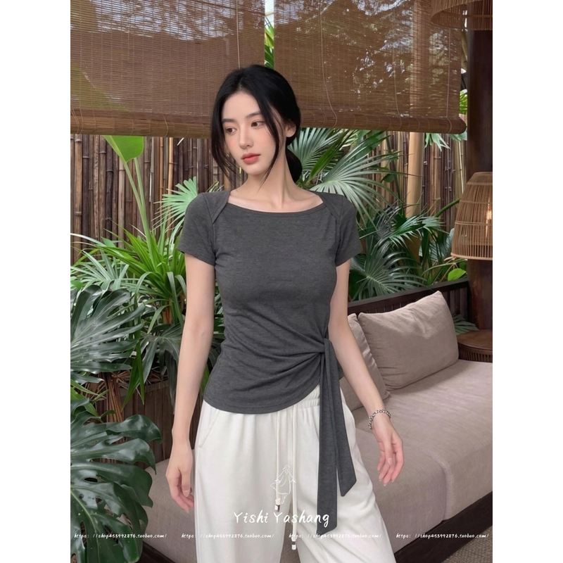 [Special Clearance] Korean-Style Irregular Tie-Up Gray Short-Sleeve T-Shirt for Women, Summer Versatile Casual Stylish Top