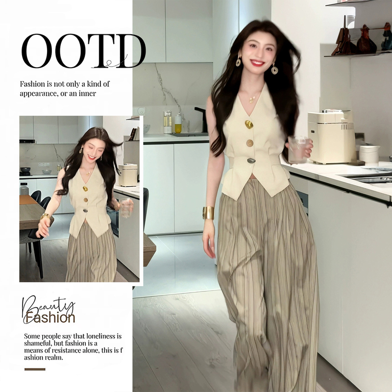 Unique and Beautiful Early Summer Small Suit Set, French Old Money Style Sleeveless Vest Top with Drapey Striped Casual Pants Two-Piece Set