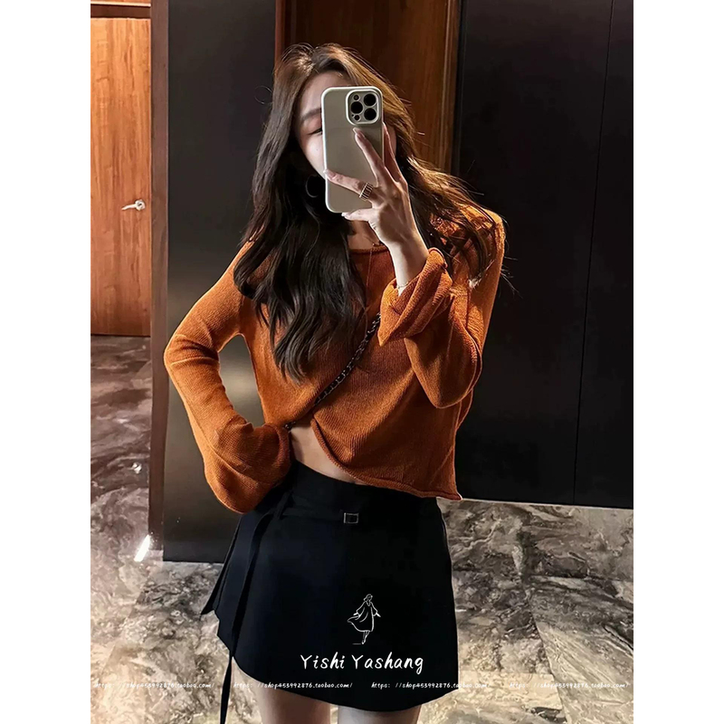 French-Style Retro Lazy Style Rolled-Edge Long-Sleeve Knit Sweater for Women, Autumn Simple Versatile Slim-Fit Caramel-Colored Base Top