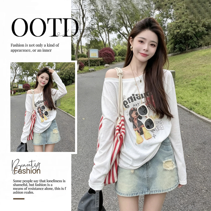2026 Super Hot Summer Outfit, a Complete Set of Lazy-Style Off-Shoulder Printed T-Shirt Top and Hip-Hugging Ripped Denim Short Skirt Set