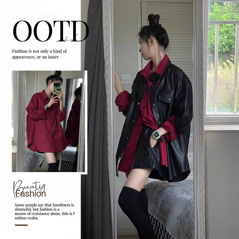 High-End and Stylish Set, Hong Kong Style Retro Pu Leather Jacket, Layered with Long-Sleeved Shirt, Two-Piece Set for Women High-End and Stylish Set, Hong Kong Style Retro Pu Leather Jacket, Layered with Long-Sleeved Shirt, Two-Piece Set for Women