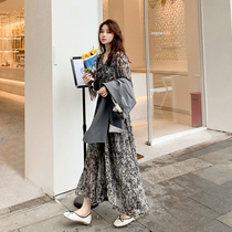 French temperament floral dress women 2021 new spring and autumn waist slim cover belly long skirt chiffon base skirt