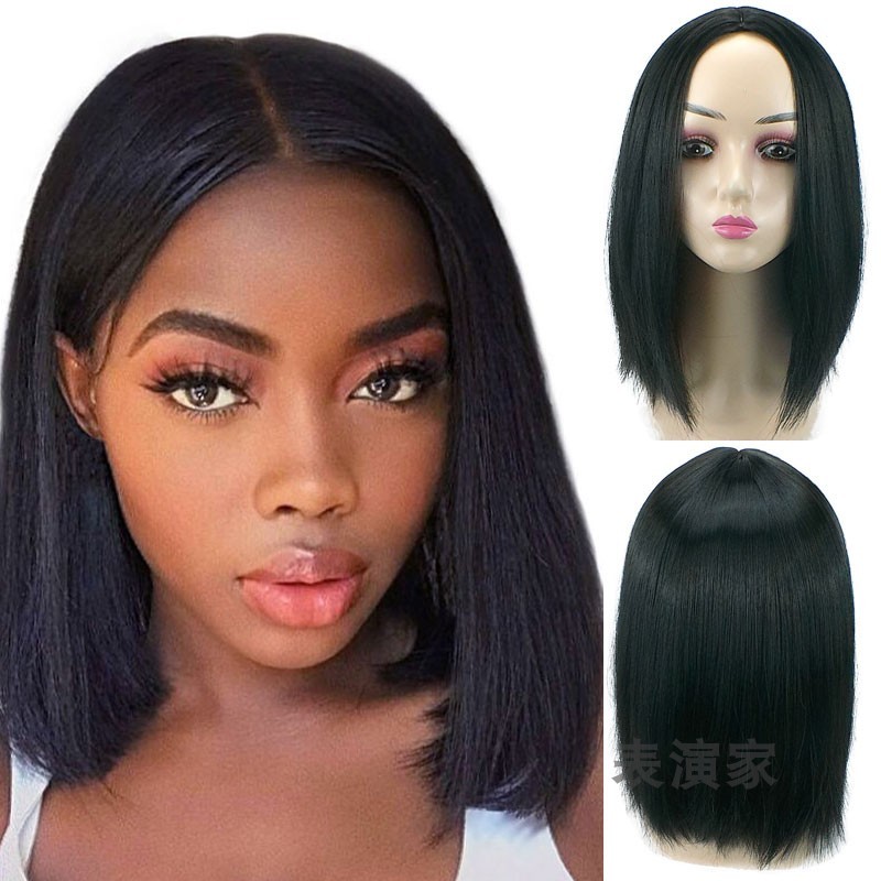 African European Short Straight Black Wig with Middle Part for Women, Breathable and Stylish Wig for Foreign Performances