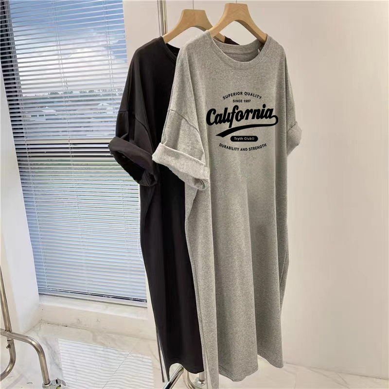 Mid-Length Over-The-Knee Pure Cotton Short-Sleeved Dress for Women, Summer 2025 New Style, Lazy Style, Loose Letter Slit T-Shirt Dress