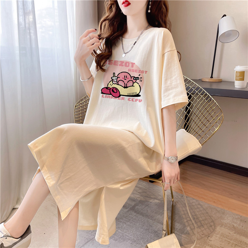 Mid-Length Over-The-Knee Pure Cotton Short-Sleeved Dress for Women, Summer 2025 New Style, Large Size Loose T-Shirt Dress with Slit