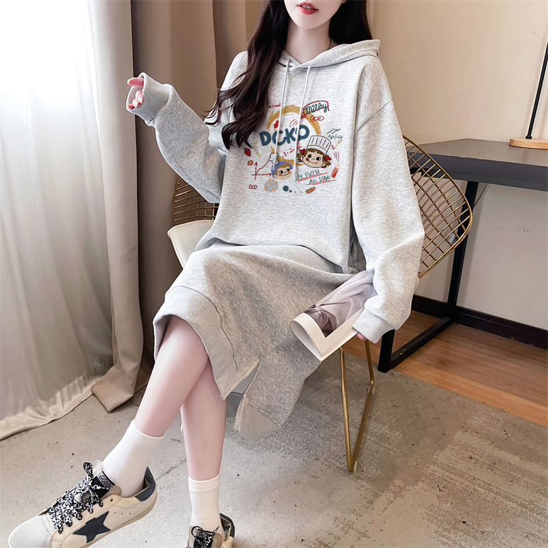 Fleece-Lined Thick Hooded Sweatshirt Dress for Women, Autumn and Winter 2025 New Style, Loose Mid-Length Over-The-Knee Long-Sleeve Dress