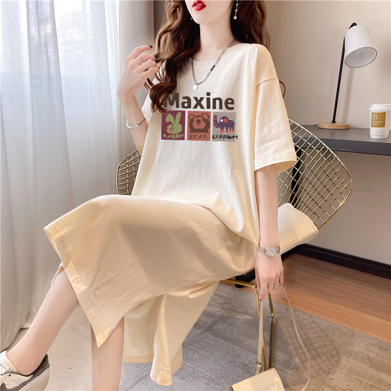 Mid-Length Over-The-Knee Pure Cotton Short-Sleeved Dress for Women Summer 2026 New Large Size Loose Cartoon Slit T-Shirt Dress
