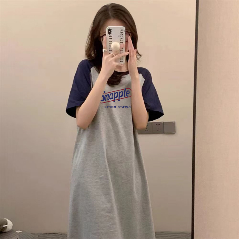 Mid-Length Over-The-Knee Pure Cotton Color-Blocked Short-Sleeved Dress for Women, New Summer Style, Loose Printed Letter Slit T-Shirt Dress