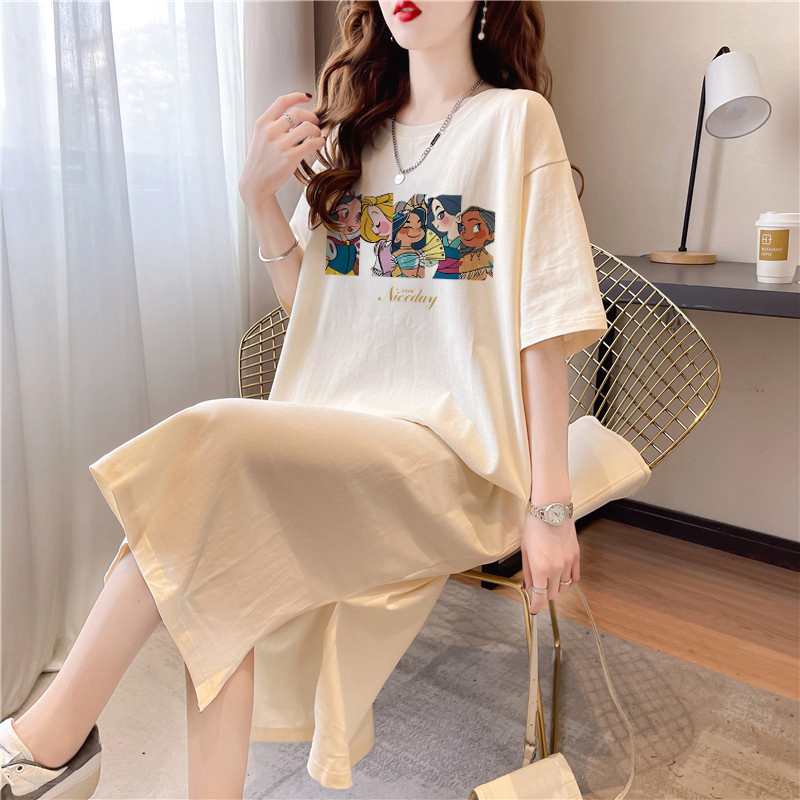 Mid-Length Over-The-Knee Pure Cotton Short-Sleeved Dress for Women Summer 2026 New Loose Retro Cartoon Slit T-Shirt Dress Mid-Length Over-The-Knee Pure Cotton Short-Sleeved Dress for Women Summer 2026 New Loose Retro Cartoon Slit T-Shirt Dress