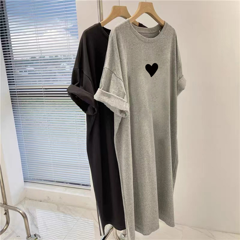 Mid-Length Over-The-Knee Pure Cotton Short-Sleeved Dress for Women Summer 2025 New Large Size Loose Printed Heart T-Shirt Dress