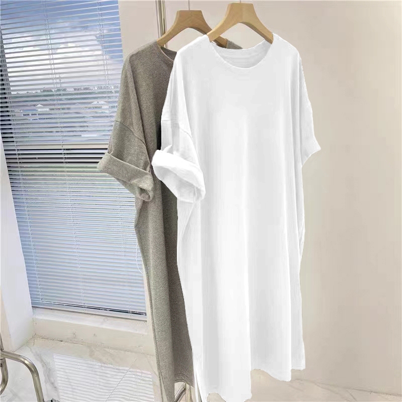 Mid-Length Over-The-Knee Pure Cotton White Short-Sleeved Dress for Women Summer 2026 New Large Size Loose Slit T-Shirt Skirt Mid-Length Over-The-Knee Pure Cotton White Short-Sleeved Dress for Women Summer 2026 New Large Size Loose Slit T-Shirt Skirt