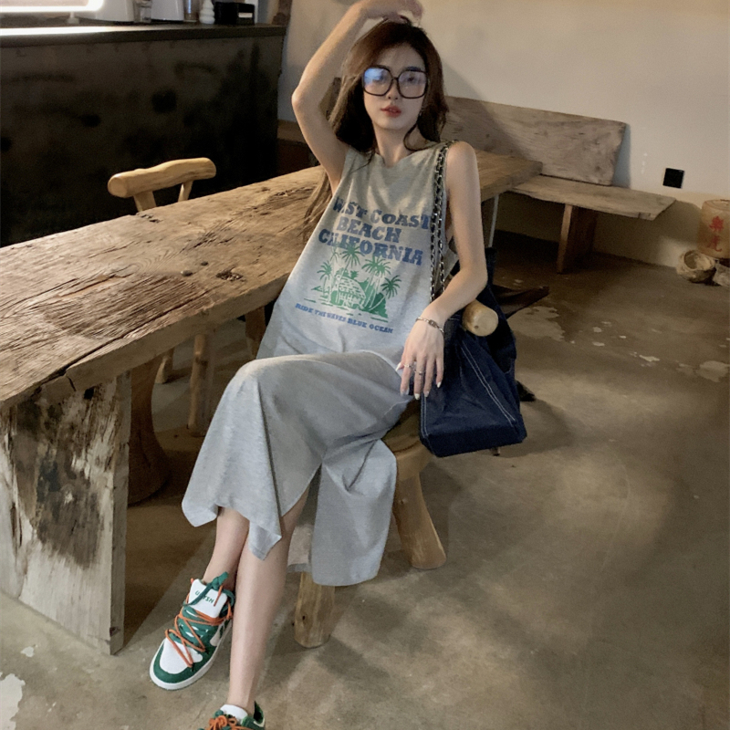 Mid-Length Over-The-Knee Pure Cotton Sleeveless Dress for Women, Summer 2026 New Style, Plus Size Loose Tank Dress with Slit, T-Shirt Dress