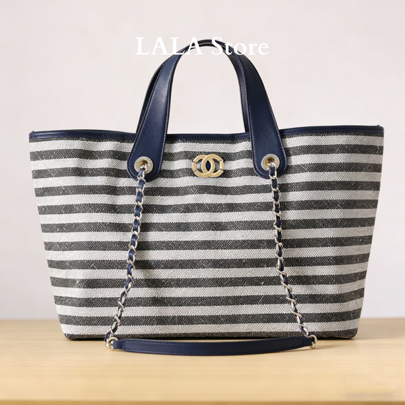 Tweed Style 26C Tote Bag Stripesd Woven Canvas Bag Summer Seaside Vacation Beach Bag Large Capacity Work Clothing Bag