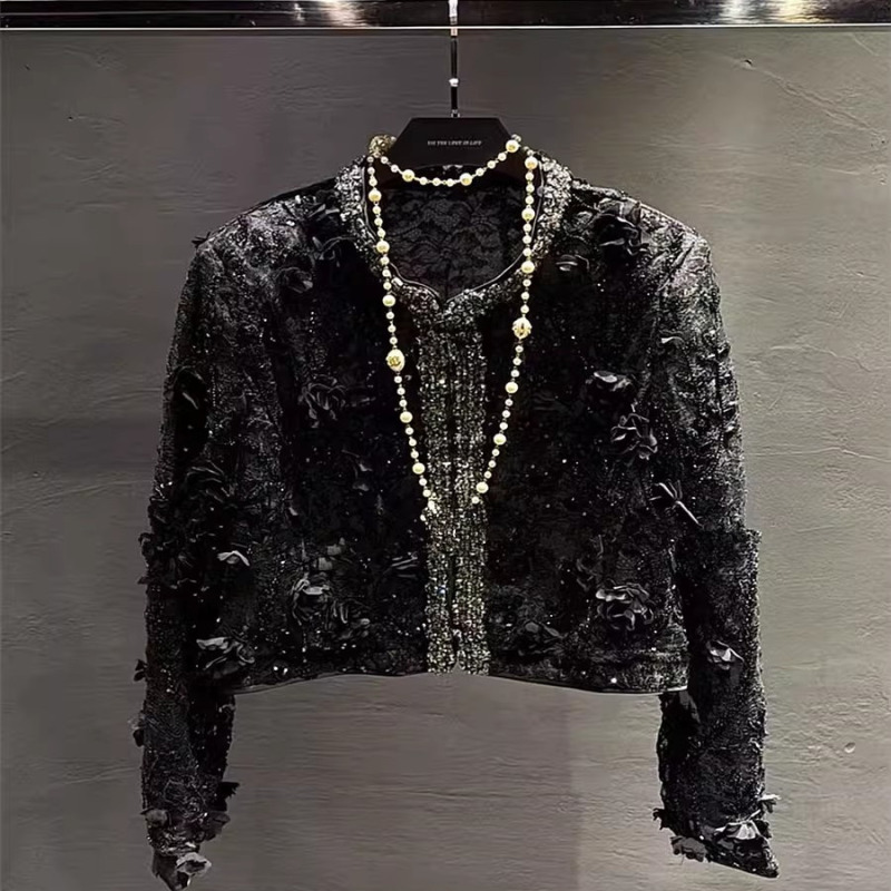 High-End Designer Beaded Lace Short Jacket for Women, Autumn Socialite Sequin Three-Dimensional Flower Ghost Princess Top