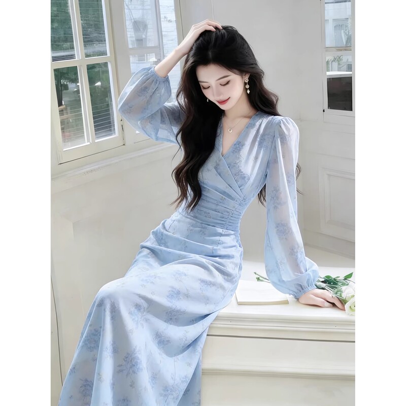 Unique and Beautiful Blue Floral Dress, Early Spring, Light Luxury, High-End Feel, Seaside Vacation, French-Style Waist-Cinching Long Dress for Women