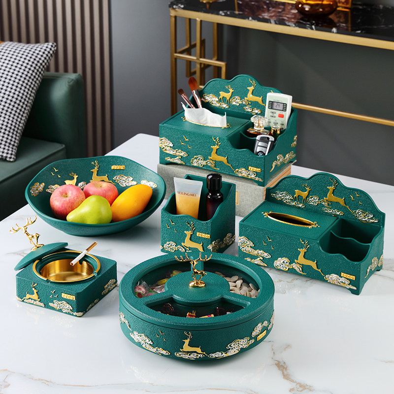 New Chinese sub-lattice with lid fruit tray paper towel box Ashtray Suit Creativity Upscale Home Decoration Handicraft Swing