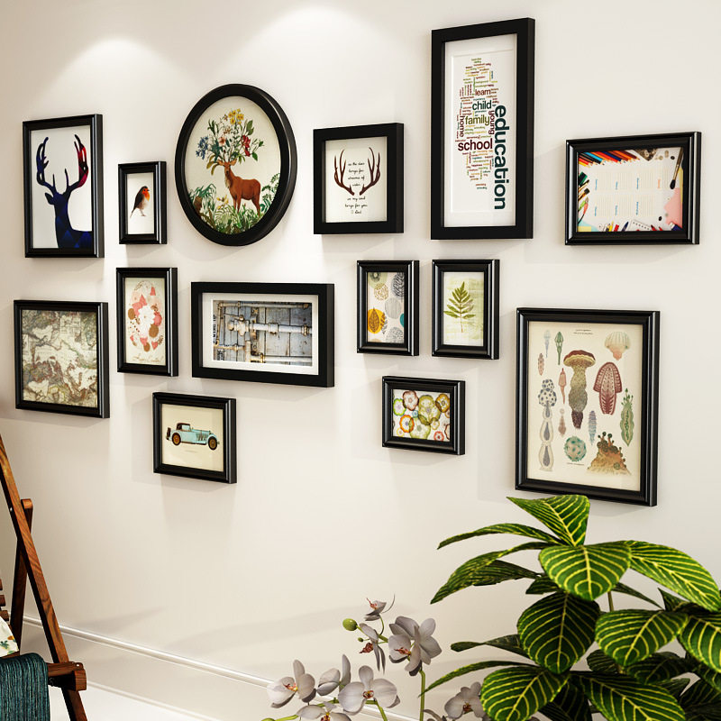 Photo wall decoration Free hole solid wood photo frame hanging wall Creative living room corridor aisle dining room modern decoration hanging painting