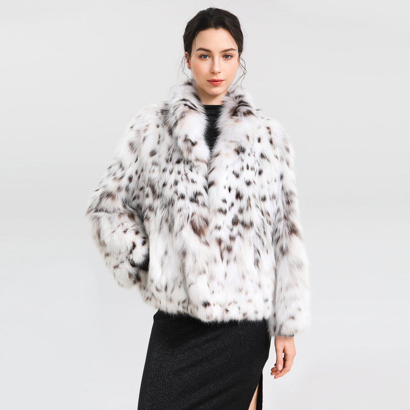 Vell Fur Z102 American Imported Pure White Lynx Cat Fur Stand Collar Fashion Jacket for Women