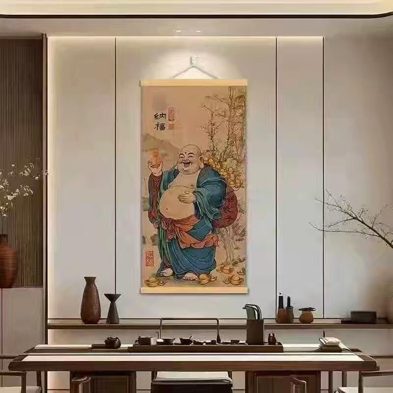 大肚弥勒佛聚财纳福挂画笑面佛招财客厅玄关茶室禅意竹丝装饰挂画评价