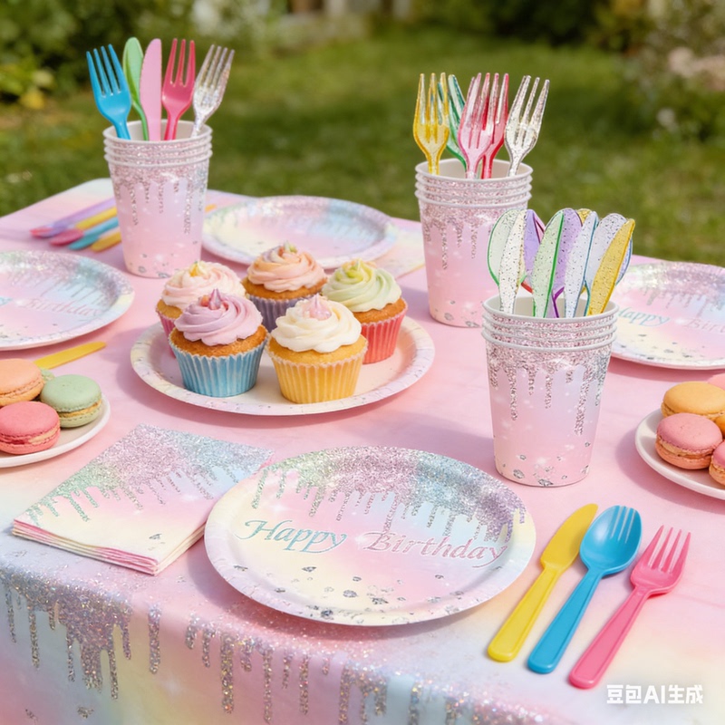 Rainbow Gradient Macaron Color Birthday Party Tableware Set Shiny Paper Plates Paper Cups Tablecloth Decoration Supplies