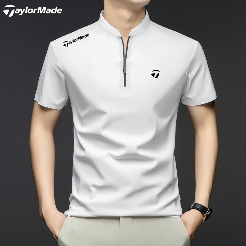 Taylormade Men's Stand-Up Collar Zipper Golf Polo Shirt Short-Sleeved Quick-Drying Sports T-Shirt for Men
