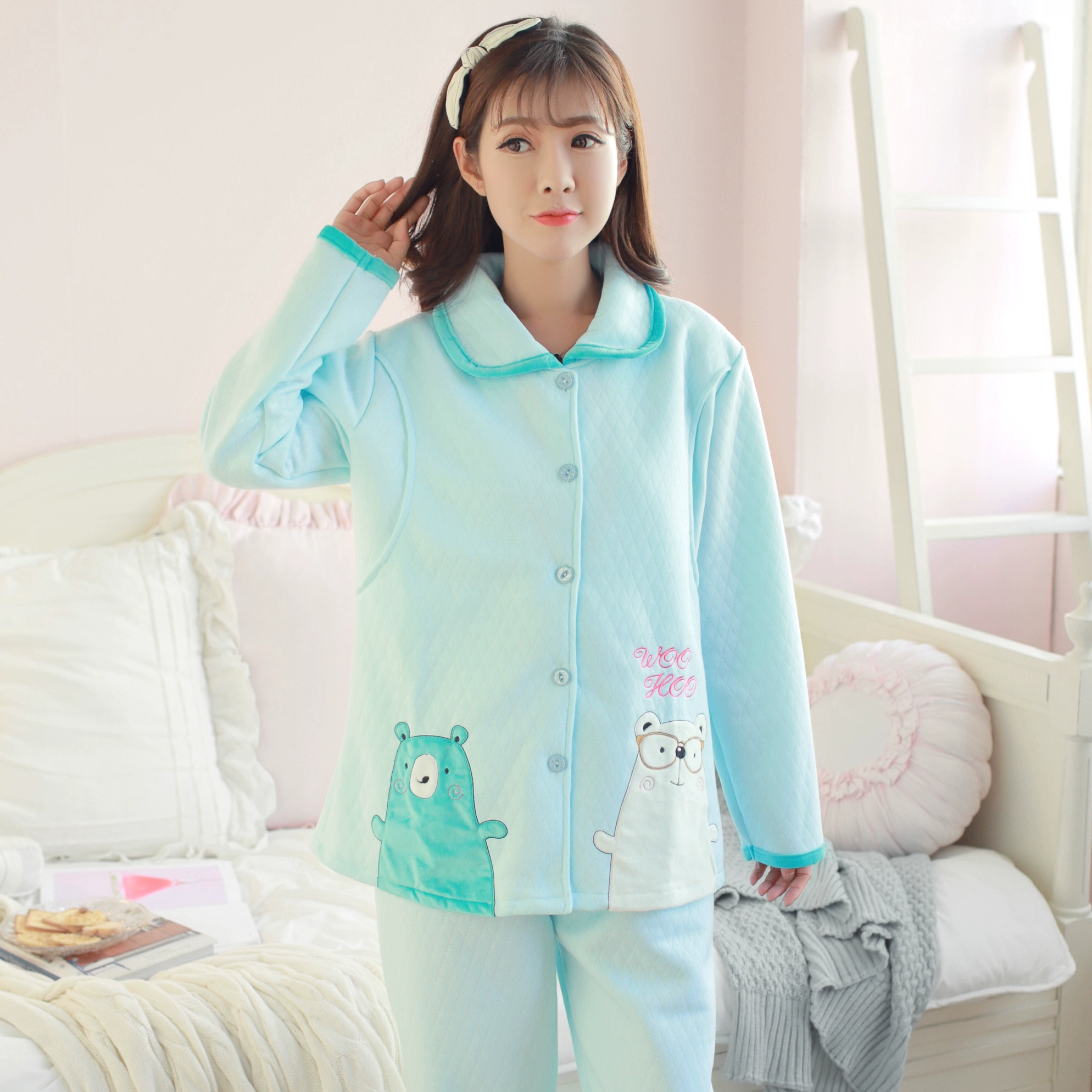 Guolaner mùa thu sau sinh chần bông quần áo giam giữ dày bông tinh khiết quần áo cho con bú tại nhà phục vụ mùa đông phụ nữ mang thai cho con bú đồ ngủ - Giải trí mặc / Mum mặc