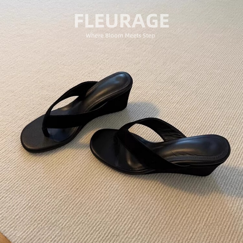 Sheepskin Version~Korean Style Retro Suede Thong Flip-Flops for Women, Casual Round-Toe Wedge High-Heeled Sandals for Outdoor Wear