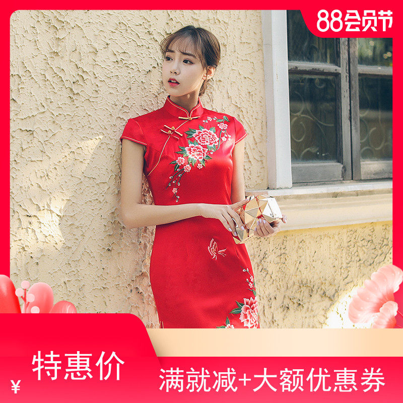 Silk mulberry silk cheongsam modified dress Chinese style young girl toast dress Bride short slim fit