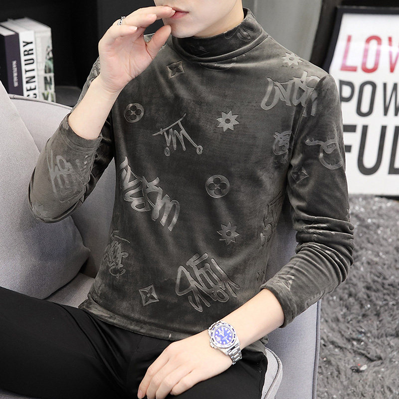 Men's gold velvet long-sleeved T-shirt spring and autumn semi-high collar thickened bottoming shirt men's Korean version of the trend personality printing top