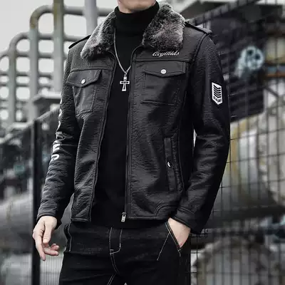 Leather men's leather spring and autumn trend slim cashmere motorcycle jacket thick black casual leather jacket