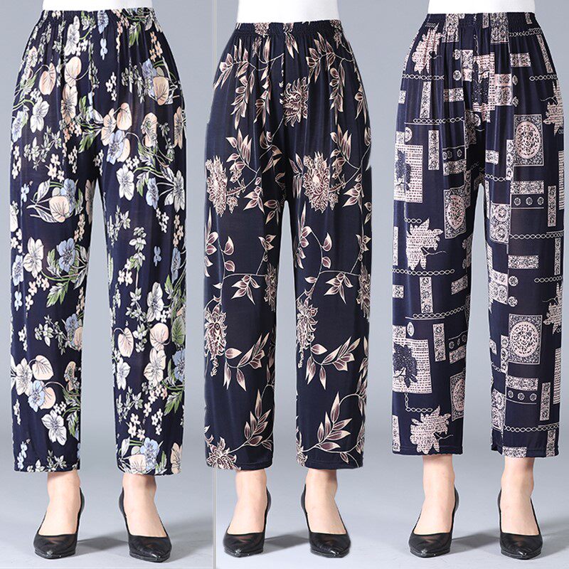 50 - 60 years old lady's broad legs trousers in old silk pants in summer high waist loose mother nine - point skirts