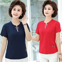 Embroidered Short t-shirt woman 2020 Summer new Mom Dress Short Sleeve Mini-Shirt V Collar Middle-aged elderly woman Cotton Blouse