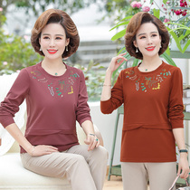 2021 Spring and Autumn new mother long sleeve jacket loose fashion middle aged ladies embroidered T-shirt round neck base shirt