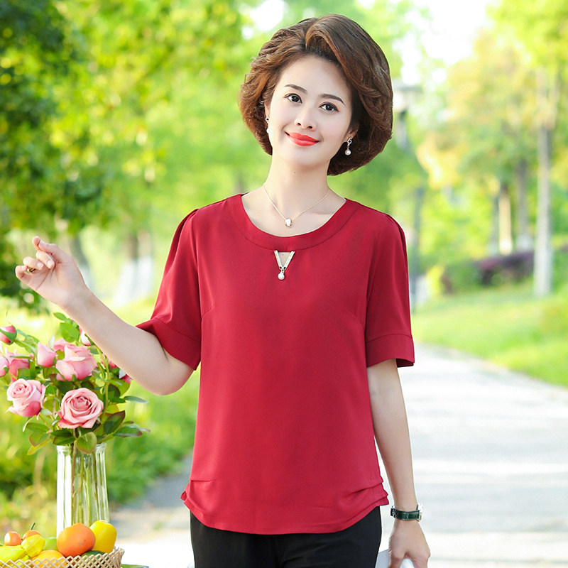 Large red middle aged women's clothing 2020 summer clothes new moms short sleeve T-shirt middle-aged lady joyless blouses