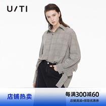 uti yuti 2021 spring new simple style loose lapel top retro casual check long sleeve shirt Women