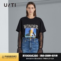 uti yuti 2021 spring new personalized print loose round neck top lace stitching long sleeve casual T-shirt women