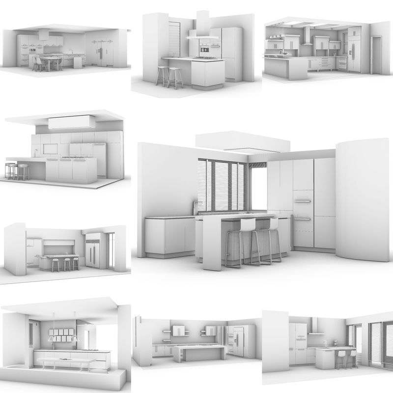 Kitchen Renovation Space Interior Design Cabinet Countertop Cabinet Washbasin Refrigerator/Rhino Model