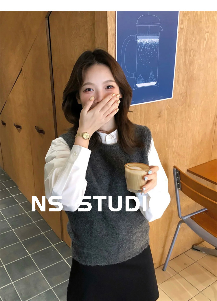 민소매 맨위 회색 조끼 베스트 어깨 스택 착용 느긋한 바람 니트 스웨터 풀오버 스웨터 여자 가을 상세 이미지 2
